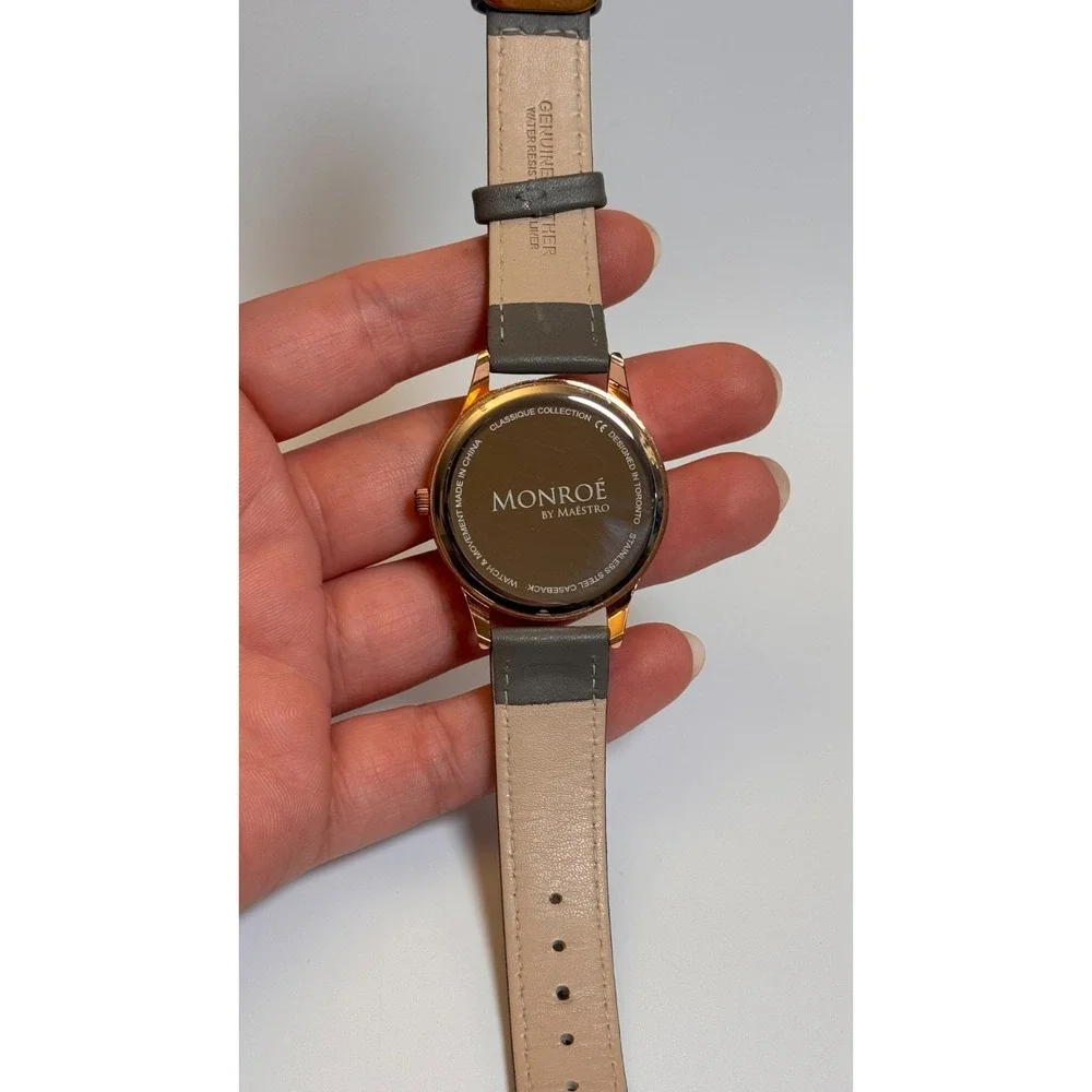 Monroe‎ By Maestro Classique Rose Gold Tone Round Case Gray Leather Band Watch